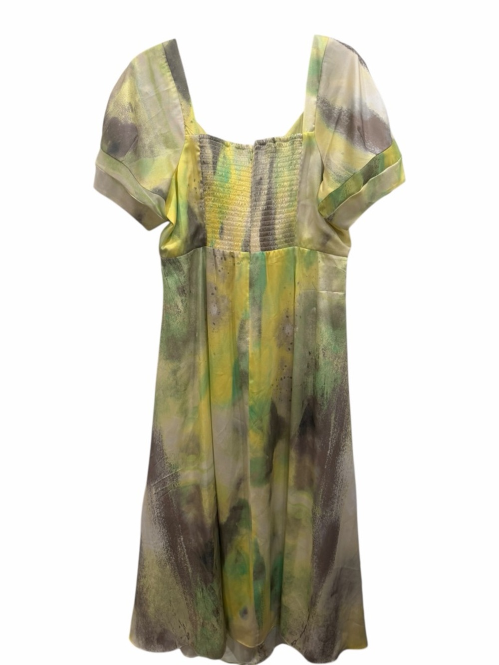 DKNY Printed Satin Midi Dress Watercolor Yellow Green Size Large NEW - Picture 10 of 12
